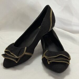 Edgy Chic Black Gold Zip Detail Flats Sz 7.5M Thalia Sodi Urban Minimalist Moto